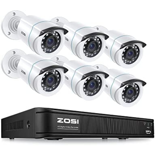 ZOSI 1080p Home Security Camera System Outdoor Indoor, H.265+ 5MP Lite CCTV DVR Recorder 8 Channel with 6 x 1080p Weatherproof Surveillance Bullet Camera, 80ft Night Vision, Remote Access, No HDD