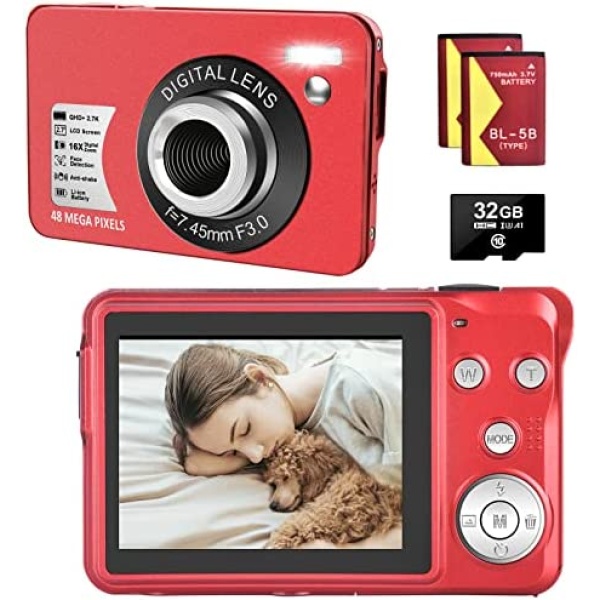 Digital Cameras - HD Compact Camera 48MP 2.7K Small Portable Camera for Teens with 16X Digital Zoom Mini Camera with 32 GB SD Card and 2 Batteries ((Red)
