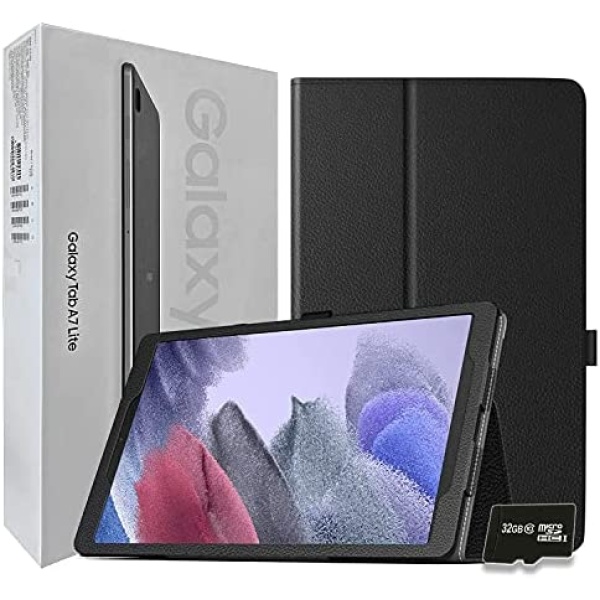 2021 Samsung Galaxy Tab A7 Lite 8.7” Inch 32 GB Wi-Fi Android 11 Touchscreen International Tablet Bundle – PU Leather Case, Screen Protector, Stylus and 32GB microSD Card [Gray]