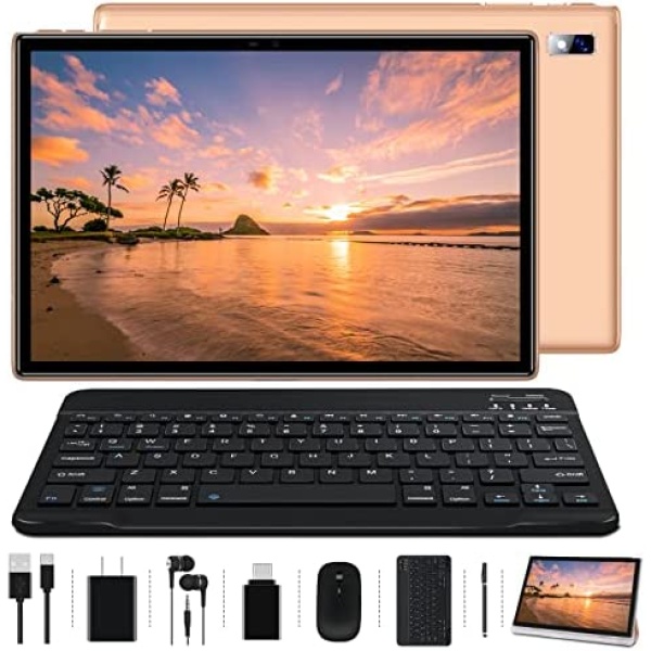 2022 Tablet 10 inch Android 10 Tablets, 1.8GHz Octa-Core Processor 4GB RAM 64GB Storage(TF to 128G) Tablets with Keyboard & Mouse, 8000mAh Battery, 8MP Rear Camera, WiFi, Type-C, Oangcc Tab-A6(Gold)