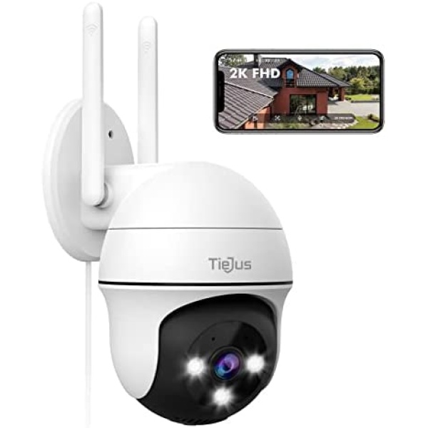 2K Security Camera Outdoor, TieJus by ZUMIMALL Outdoor Security Cameras with 360° PTZ, 24/7 Wired WiFi Home Video Surveillance/Color Night Vision/Spotlight/Siren/Motion Detection/2 Way Talk/SD/Cloud