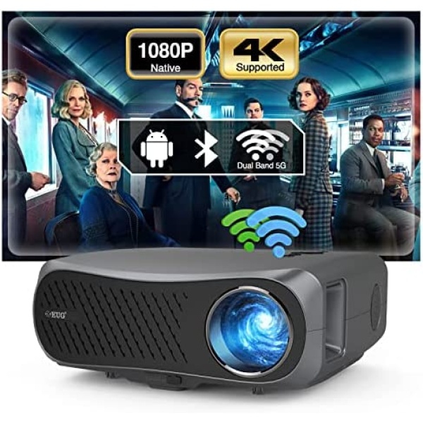 5G WiFi 10000lumen Full HD WiFi Projector with Bluetooth 1920x1080p Native Support 4K Movie Projectors Outdoor /Home Theater System 2G+16G Android OS Compatible with HDMI USB o TV Stick Mobile Phones