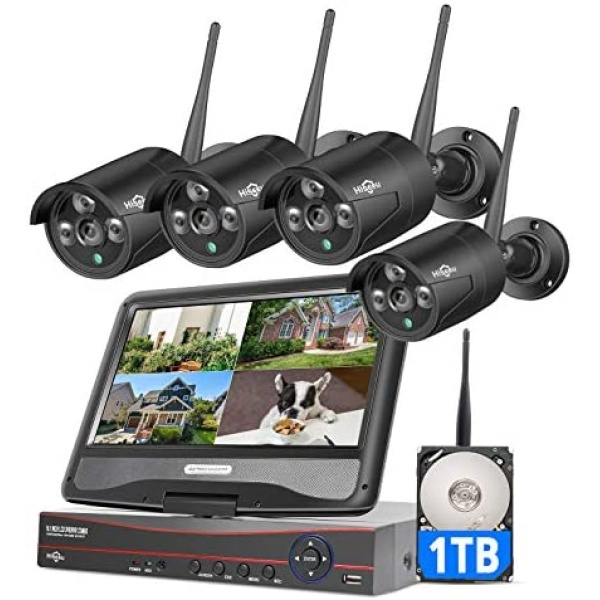 [8CH Expandable] Hiseeu Wireless Security Camera System with 10.1" LCD 2K Monitor, 4Pcs 1296P Outdoor Indoor Cameras with One-Way Audio, Night Vision, Waterproof, Motion Detection, 1TB Hard Drive