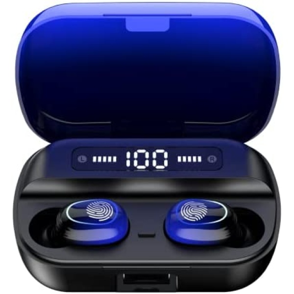 Bluetooth Headphones True Wireless Earbuds Touch Control with LED Charging Case IPX7 Waterproof Stereo in Ear Earphones Bluetooth 5.1 Deep Bass Sports Ear Buds with Built-in Mic Blue