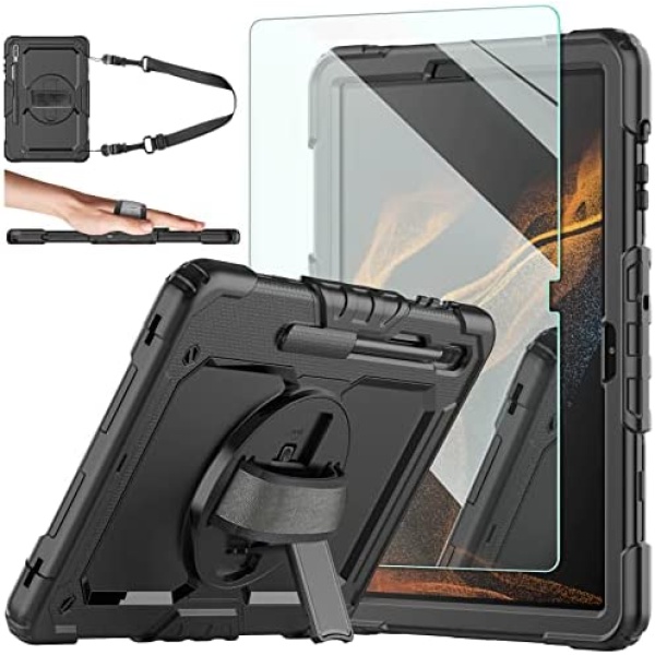 Case for Samsung Galaxy Tab S8 plus 2022/S7 FE/S7 Plus 12.4 inch, with 9H Tempered Glass Screen Protector Ambison [Upgraded Military Grade]Heavy Duty Shockproof Cover with S-Pen Holder & Strap (Black)