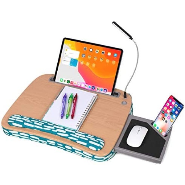 Deluxe Lap Desk for Laptop and Writing - Teal Strokes- Laptop Stand Accessories - Home Office Tray - Work from Home - Car Sofa Chair Couch Portable Desk - Pillow - Reading Light - Tablet Slot