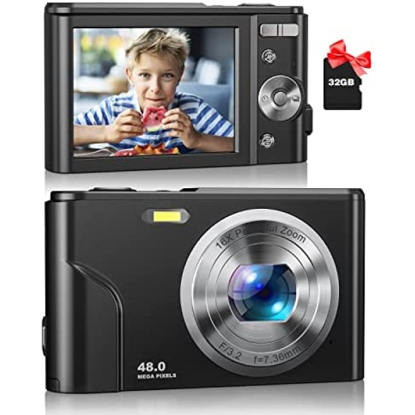 Digital Camera, Zostuic Autofocus 48MP Kids Camera with 32 GB Card 1080P Vlogging Camera with 16X Zoom, Compact Portable Mini Cameras for 4-15 Year Old Kids Children Teen Student Girls Boys(Black)