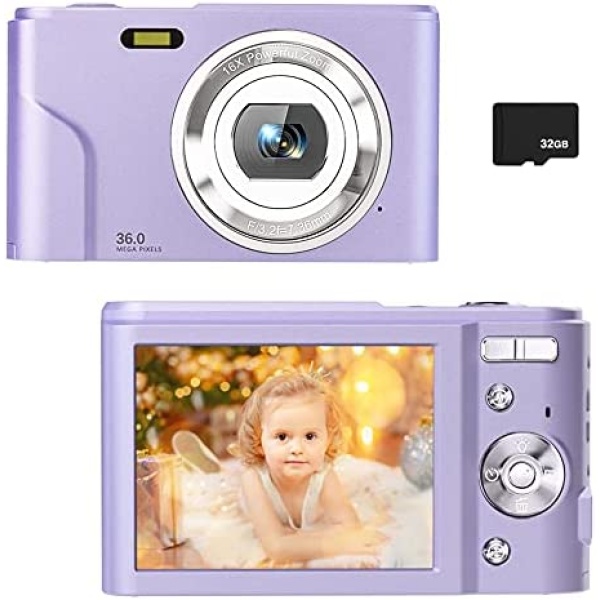 Digital Camera for Kids Boys and Girls - 36MP Children's Camera with 32GB SD Card，Full HD 1080P Rechargeable Electronic Mini Camera for Students, Teens, Kids(Purple)