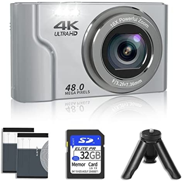 Digital Camera,VJIANGER 4K 48MP Mini Camera for Photography 2.8" Vlogging Camera for YouTube with Manualfocus, 16X Digital Zoom, 2 Batteries, 32GB SD Card, Tripod(Silver)