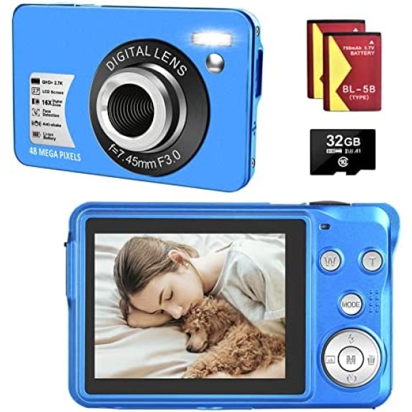 Digital Cameras - HD Compact Camera 48MP 2.7K Small Portable Camera for Teens with 16X Digital Zoom Mini Camera with 32 GB SD Card and 2 Batteries (Blue)