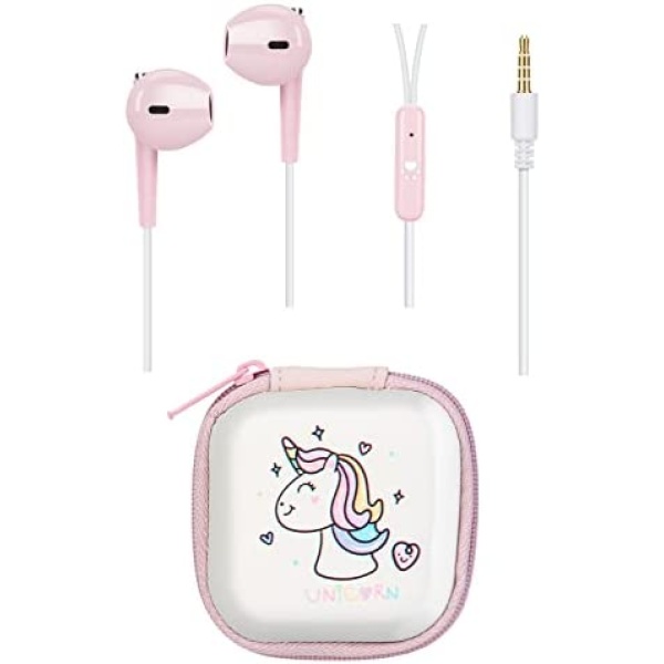 Earbuds for Kids with Storage Case Cute Kids Earbud with Mic Microphone for School Wired in-Ear Headphones for Girls Boys Adults (Pink Unicorn)