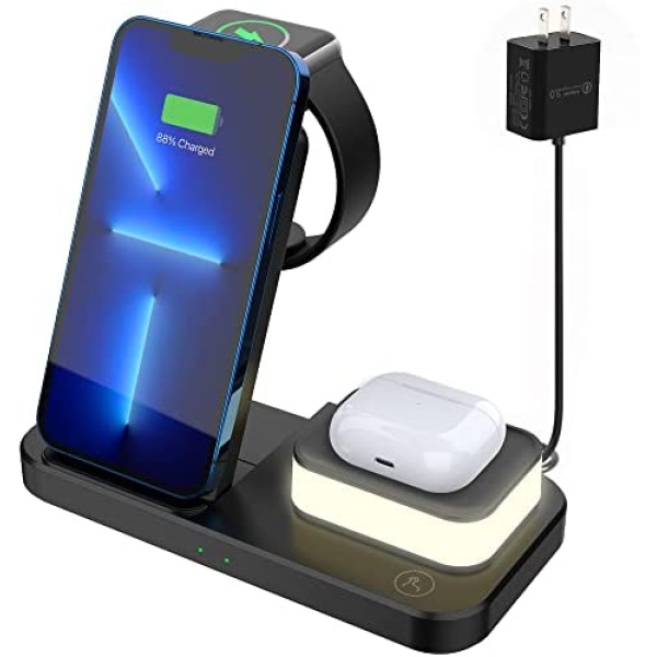 FASLY Wireless Charger with Touch Lamp for iPhone 13/Pro/Mini/Max/12/11/XS/XR/X/8 /Samsung, 3 in 1 Wireless Charging Station with Night Light for Apple iwatch 7/SE/6/5/4/3/2, AirPods 3/2/Pro (Black)