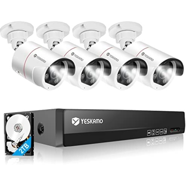 Floodlight & 2 Way Audio YESKAMO 5MP PoE Security Camera System for Home Business, 4pcs Wired Outdoor PoE IP Cameras, 8CH NVR with 2TB Hard Drive, Color Night Vision,Siren Alarm,AI Detection