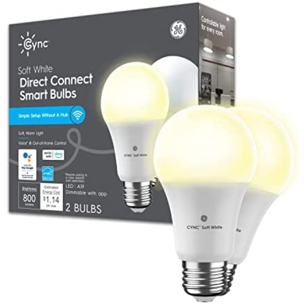 GE CYNC Smart LED Light Bulbs, Soft White, Bluetooth and Wi-Fi Lights, Works with Alexa and Google Home, A19 Light Bulbs (2 Pack)