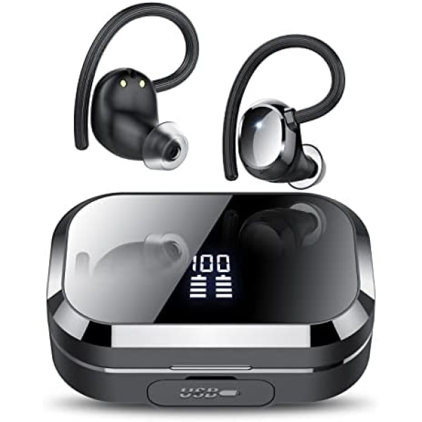 KT1 Bluetooth 5.3 Headphones, in-Ear Wireless Earbuds with Digital Display, 120 Hours of Playtime, Over Ear, IPX7 Waterproof, Deep Bass Bluetooth Earbuds for Sports and Work(Black)