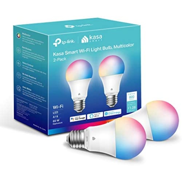 Kasa Smart Light Bulbs, Full Color Changing Dimmable Smart WiFi Bulbs Compatible with Alexa and Google Home, A19, 9W 800 Lumens,2.4Ghz only, No Hub Required, 2-Pack (KL125P2), Multicolor