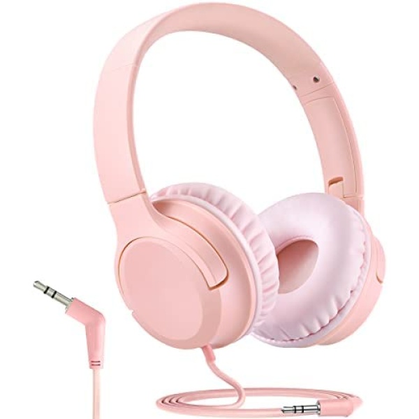 Kids Headphones Wired, Foldable Over Ear Headphones for School with 94dB Limited Volume Hi-Fi Sound, 3.5mm Plug Compatible for iPad/Kindle/Switch Online Class, Stable Knot-Free Cable, Pink