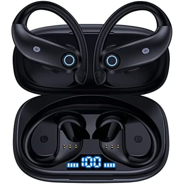 OKEEFE Bluetoth Headphones 48Hrs Playback Wireless Earbuds with Wireless Charging Case and Earhooks Over Ear Waterproof Earphones with Mic for Sports Running Workout iOS Android TV Phone Laptop Black