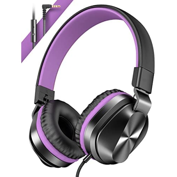 On-Ear Headphones with Microphone, 2022 Newest Foldable Wired Headphones for Adults Kids, Lightweight Portable Stereo Headphones with 1.5M Tangle-Free Cord for School Home Purple