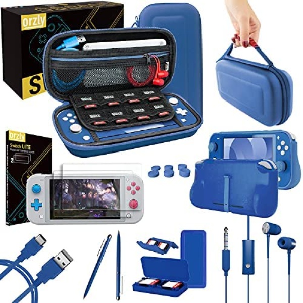 Orzly Switch Lite Accessories Bundle - Case & Screen Protector for Nintendo Switch Lite Console, USB Cable, Games Holder, Comfort Grip Case, Headphones, Thumb-Grip Pack & More (New Blue)