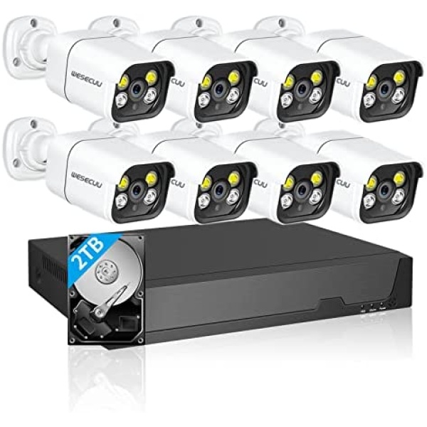 Poe Security Camera System, 8 IP Home Security Cameras 5MP NVR 8 Channel WESECUU Cameras Two Way Audio Home Security System App View, Human Detection, Alarm Voice with Hard Drive 2TB
