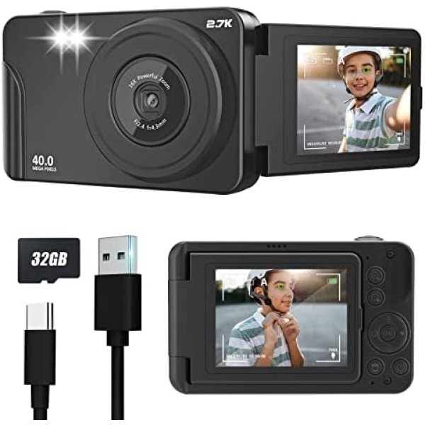 Prysyed Digital Camera for Kids, 2.7K 40MP Vlogging Kids Camera with 16X Zoom, Portable Autofocus Mini Camera Gifts for 8-15 Year Old Kids Teens Student Beginners with 32GB SD Card (Black)