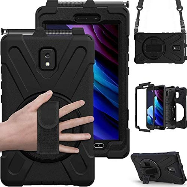 Samsung Galaxy Tab Active 3 8.0 Case T570/T575/T577, Heavy Duty Shockproof Impact Resistant Drop Resistant Rugged Protective Case with 360° Rotating Stand, Handle Hand Strap & Shoulder Strap, Black