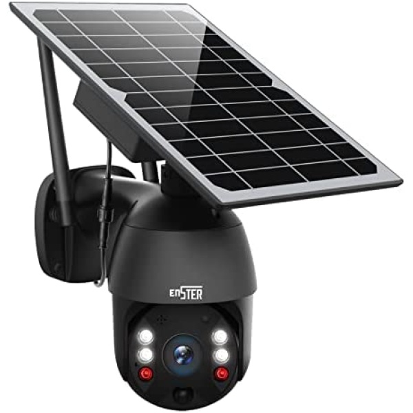 Solar Powered Wireless Security Camera Outdoor,ENSTER Pan Tilt WiFi Home Smart Cam Waterproof with Spotlight,Battery,Solar Panel, Color Night Vision,Motion Detection,2-Way Audio,SD&Cloud Storage-Black