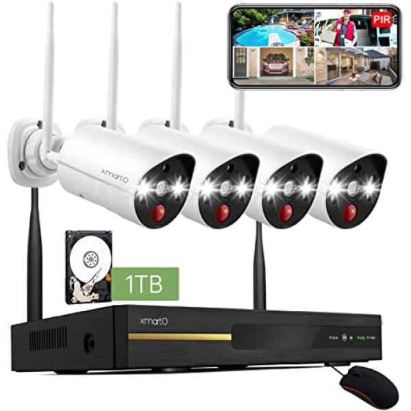 [Thermal True Detection] XMARTO Prime 10CH 2K HD Wireless Security Camera System 24/7 w. Human/pet/Vehicle Detect,Color Night Vision,2-Way Audio and 1TB HDD (Smart Lights & Siren,WPS2K84-1TB Plug-in)