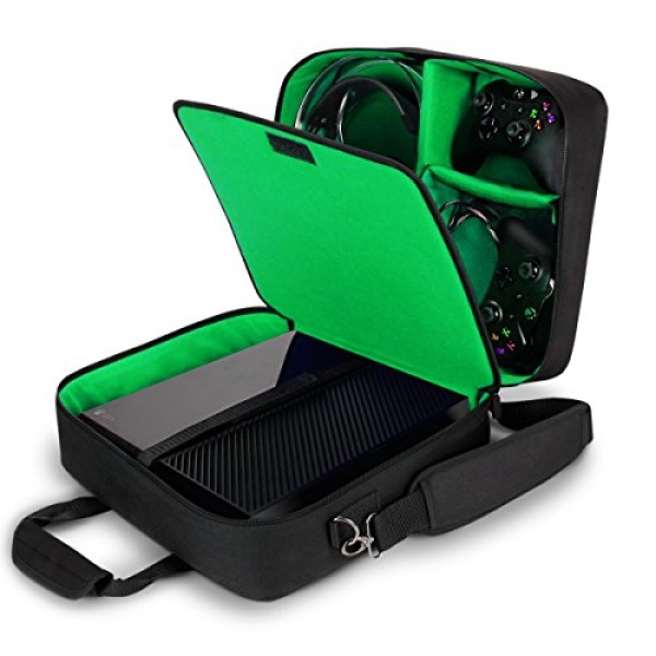 USA GEAR Console Carrying Case - Xbox Travel Bag Compatible with Xbox One and Xbox 360 with Water Resistant Exterior and Accessory Storage for Xbox Controllers, Cables, Gaming Headsets - Green