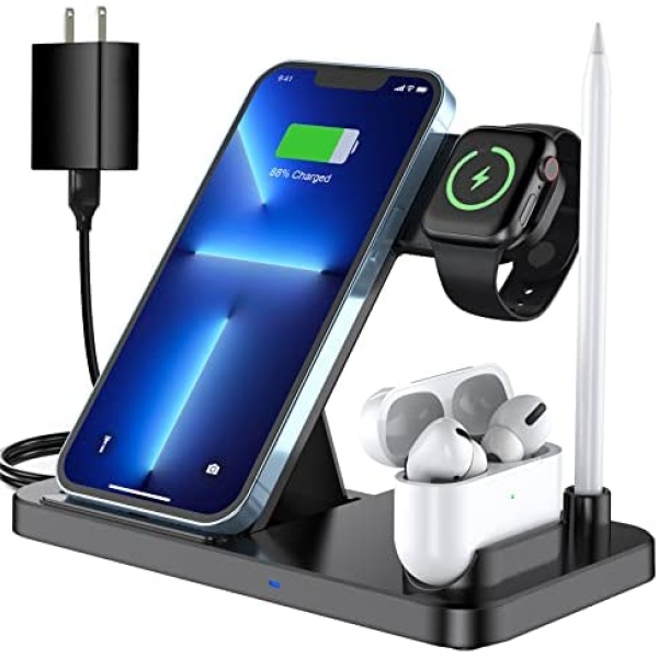 Wireless Charger, CANUVU 4 in 1 Foldable Fast Charging Station Compatible Apple Watch & AirPods & Apple Pencil, iPhone 13/12/11(Pro & Pro Max)/X/XS/XS, Qi-Enabled Android Phone(with QC3.0 Adapter)