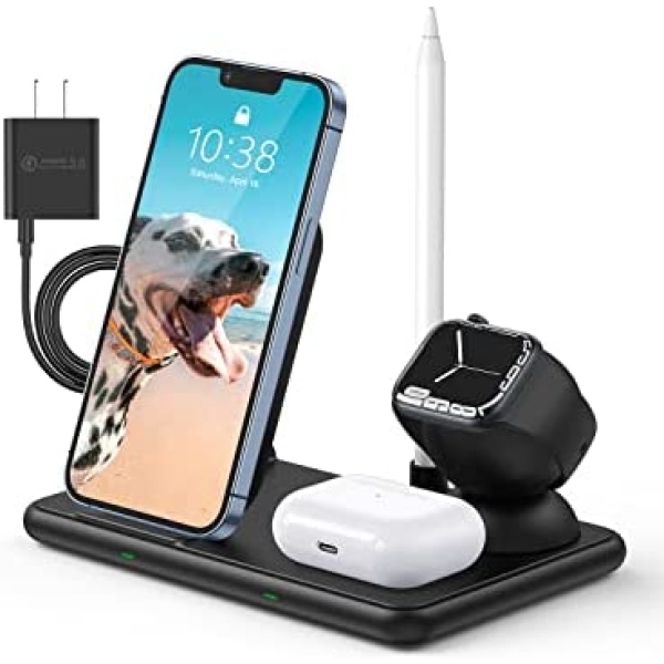 Wireless Charger, Wireless Charging Station, 4-in-1 Foldable Charger Stand, 15W Fast Charging Dock, Qi-Certified for iPhone 13/12/11 Pro Max, Samsung & Android Phones, Apple Watch, AirPods and Pencil
