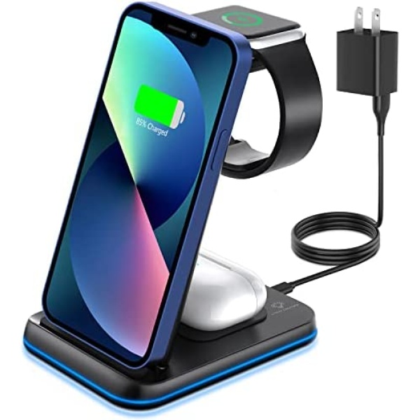 ZUBARR Foldable Wireless Charger for Multiple Devices 3 in 1 Wireless Charging Station for Travel, Compatible with iPhone13 12 11/Pro/Mini/XR, Apple Watch Charger for7/6/5/4/3/2, Airpods Wireless/Pro