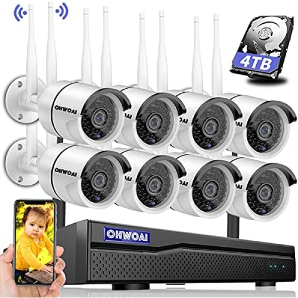 【2021 New】 Security Camera System Wireless, 4TB Hard Drive Pre-Install 8 Channel 1080P NVR, 8PCS 1080P 2.0MP CCTV WI-FI IP Cameras for Homes,OHWOAI HD Surveillance Video Security System.