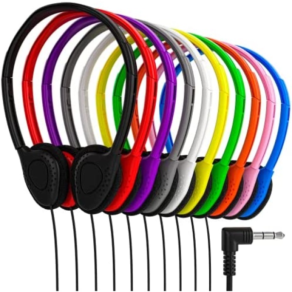 10 Pack Multi Color Kid's Wired On Ear Headphones, Individually Bagged, Disposable Headphones Ideal for Students in Classroom Libraries Schools, Bulk Wholesale