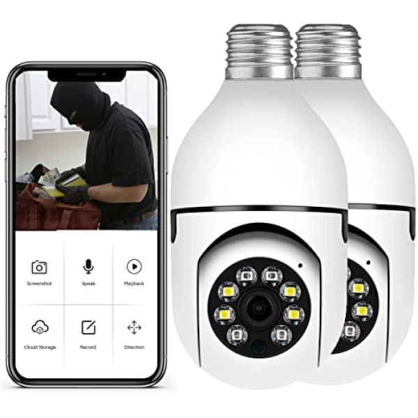 1080p 360 Degree Indoor Camera, E27 360 Degree Panoramic Connector Outdoor Smart Home Security WiFi Camera Night Vision Human Motion Detection and Alarm--2 Pack（ White）