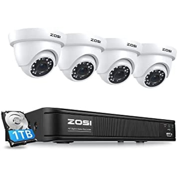 ZOSI 1080P H.265+ Home Security Camera System,5MP Lite 8 Channel Surveillance DVR with Hard Drive 1TB and 4 x 1080p Weatherproof CCTV Dome Camera Outdoor Indoor with 80ft Night Vision, Motion Alerts