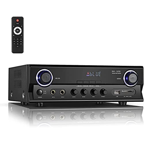 220W Home Stereo Amplifier, Audio Amplifier Stereo Receivers, Theater Audio Receivers Amplifiers, 2 Channel amp with 2RCA/ 2mic w Echo/ USB SD Card/ FM/ LED Display/ Bass Mid Treble Control