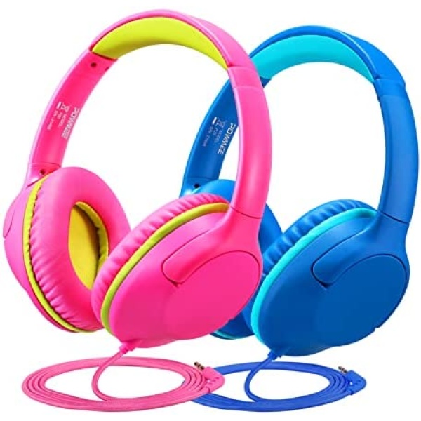 [2PACK] POWMEE Kids Headphones Over-Ear Headphones for Kids/Teens/School with 94dB Volume Limited Adjustable Stereo 3.5MM Jack Wire Cord for Fire Tablets/Travel/PC/Phones(Rosered&Blue)
