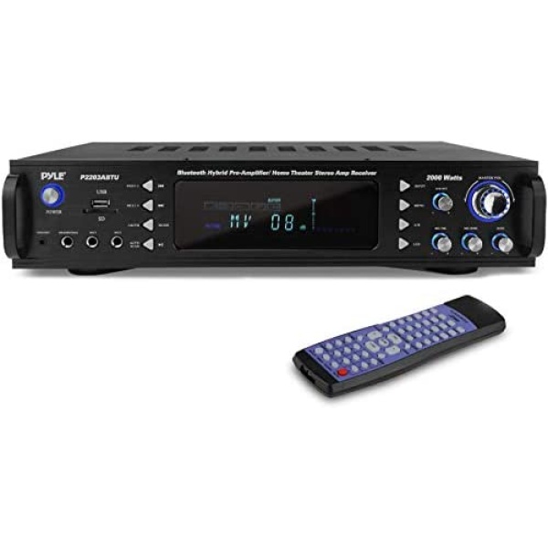 4-Channel Bluetooth Home Power Amplifier - 2000 Watt Audio Stereo Receiver w/Speaker Selector, AM FM Radio, USB/SD Card Reader, Karaoke Microphone Input - Home Entertainment System - Pyle P2203ABTU