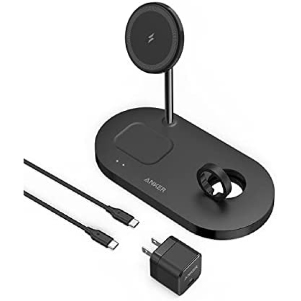 Anker Magnetic Wireless Charging Station with 20W Charger, 533 Magnetic Wireless Charger (3-in-1 Stand), 5 ft USB-C Cable, For iPhone 13 Series, AirPods Pro, Apple Watch 1-6 (Watch Cable Not Included)