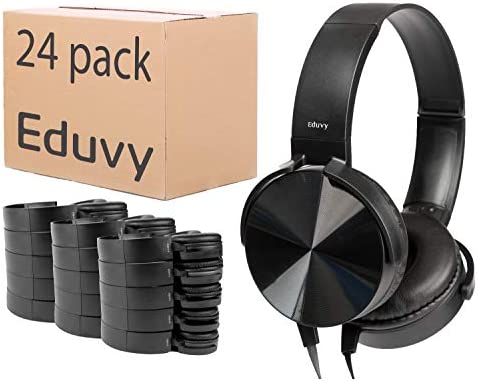 Bulk Headphones for Classroom, Pack of 24 Wired Head Phones for Kids. School Supplies for Teachers Elementary to College Students. School Headphones Pack. (Black)