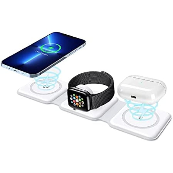 Criacr 3 in 1 Foldable Wireless Charger, Magnetic Fast Wireless Charging Pad, Compatible with iPhone 14/13/12/SE/11, Samsung Galaxy, Apple Watch, AirPods Pro (Adapter NOT Included)