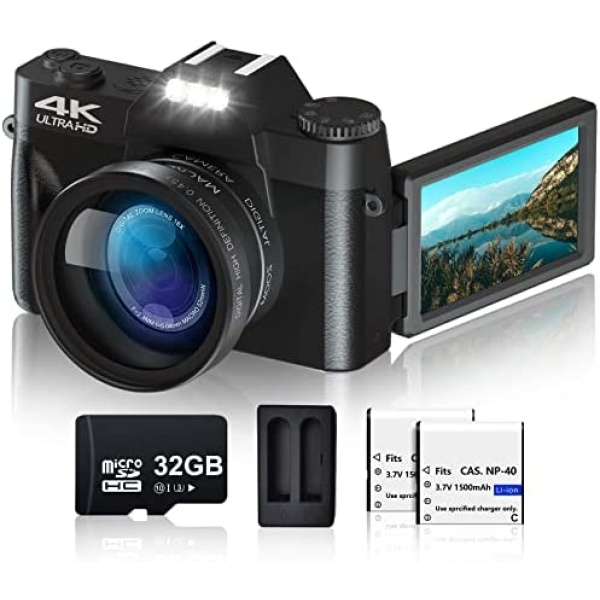 Digital Camera for Photography VJIANGER 4K 48MP Vlogging Camera for YouTube with 16X Digital Zoom, 52mm Wide Angle & Macro Lens, 2 Batteries, 32GB TF Card(Black)