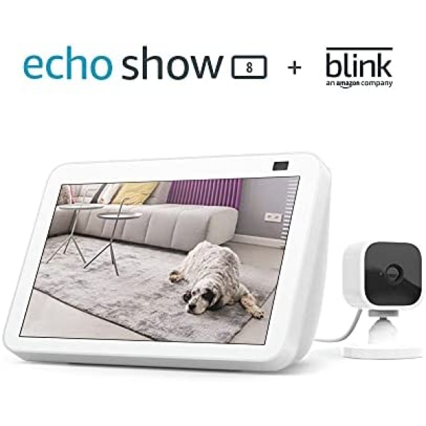 Echo Show 8 (2nd Gen, 2021 release) - Glacier White bundle with Blink Mini