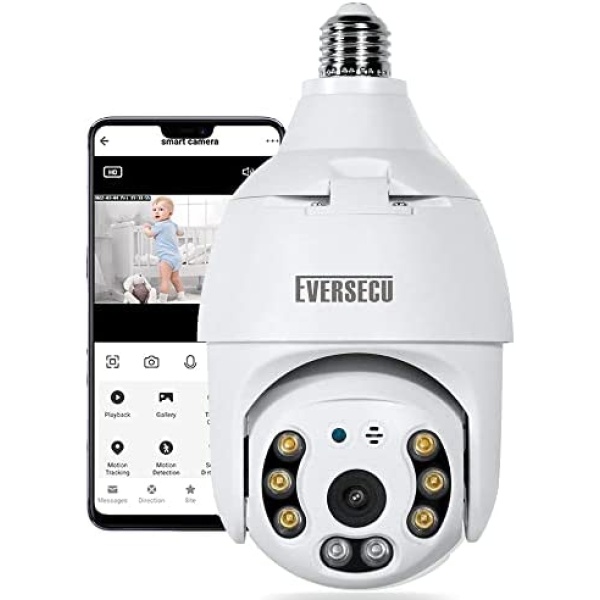 Eversecu 2K 4.0MP Wireless PTZ Security Camera with E27 Bulb Connector, Motion Auto Tracking, 2 Way Audio, Spotlight Night Vision, Tuya Smart Life WiFi CCTV Camera