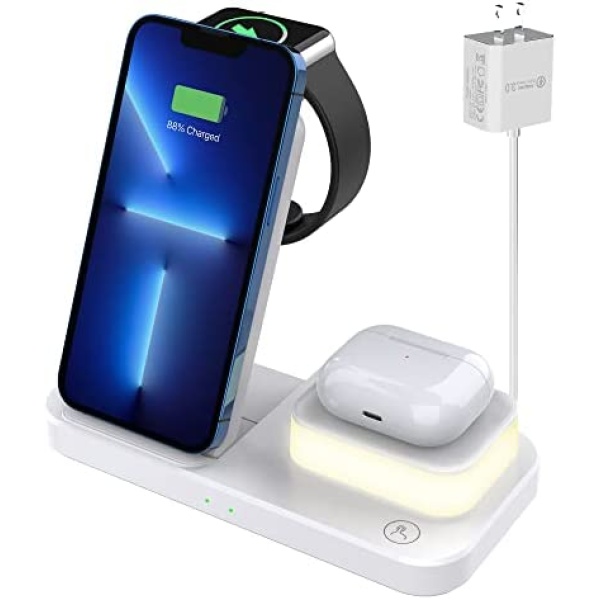 FASLY Wireless Charger for iPhone 14/13/Pro/Mini/Max/12/11/XS/XR/X/8 /Samsung, 3 in 1 Charging Station Dock Stand with Night Light for Apple iwatch 8/Ultra/7/SE/6/5/4/3/2, AirPods 3/2/Pro (White)