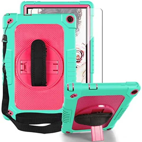 FIEWESEY Case for Walmart ONN 10.1 Inch Gen 3 2022 Tablet(Model:100071485) Shoulder Strap Hand Strap Rotatable Stand Kids Shockproof Case for Onn 10.1 3nd Gen+Screen Protector (Green/Pink,1 Pack)