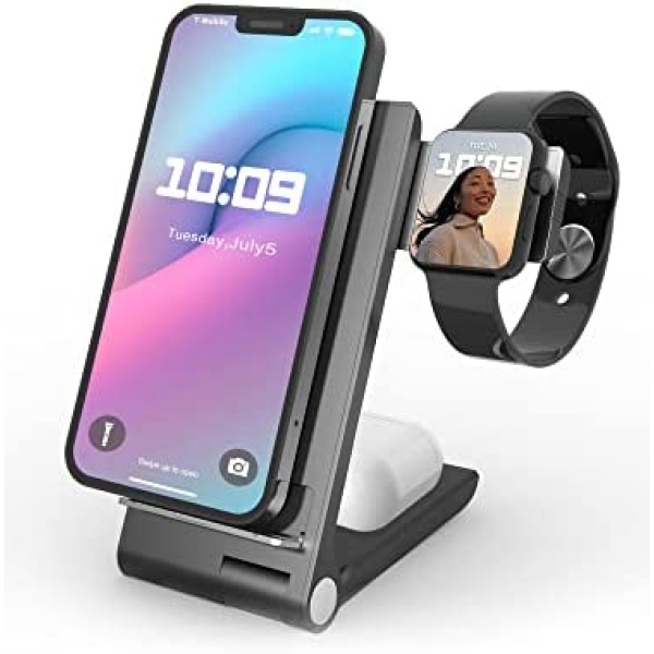 Foldable 3 in 1 Wireless Charger, Hotrex 15W Fast Charging Station, Qi Certified Charging Stand, Compatibles with iPhone 11/12/13/XS/XR Series/Apple Watch/Airpods/Sumsung Galaxy