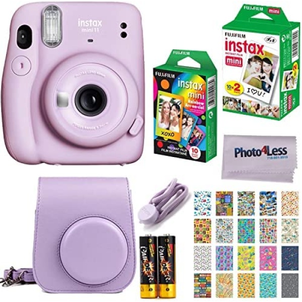 Fujifilm Instax Mini 11 Instant Camera - Lilac Purple (16654803) + Fujifilm Instax Mini Twin Pack Instant Film (16437396) + Single Pack Rainbow Film + Case + Travel Stickers